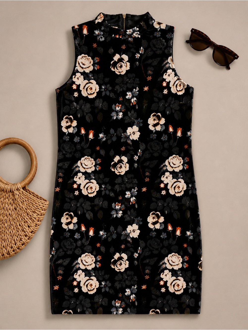 Floral Mock Neck Bodycon Midi Dress | Black Stretch Sheath | Size Large